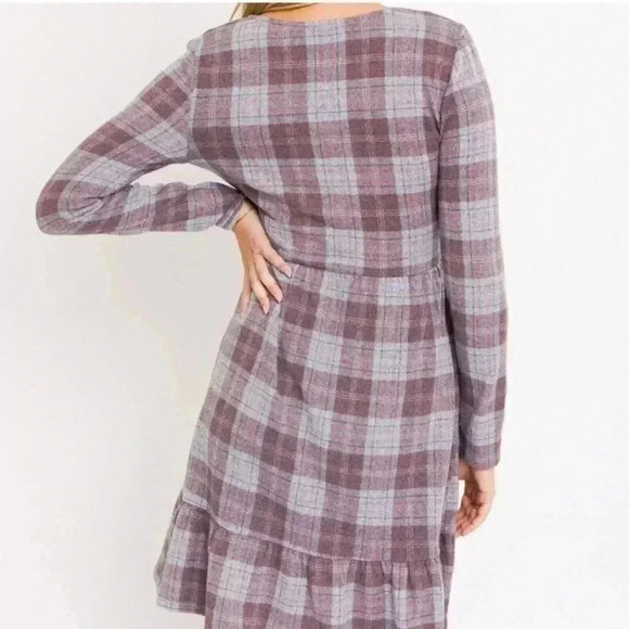 Womens Babydoll Long Sleeve Tiered Relaxed Dark Academia Plaid Peasant Dress 1X - Picture 6 of 10